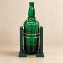 Front view of the green bottle display stand with two uprights and a metal cradle.