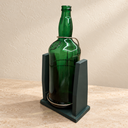 Side three-quarter view of the green glass bottle display stand.